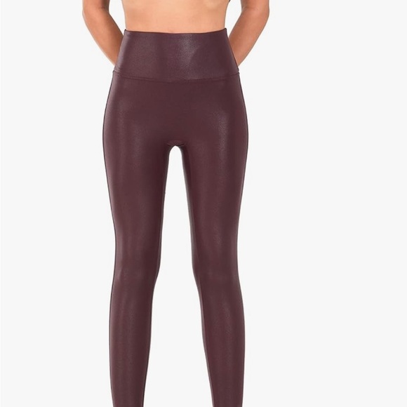 Women's High-Waisted Burgundy Faux Leather Leggings - Picture 2 of 4
